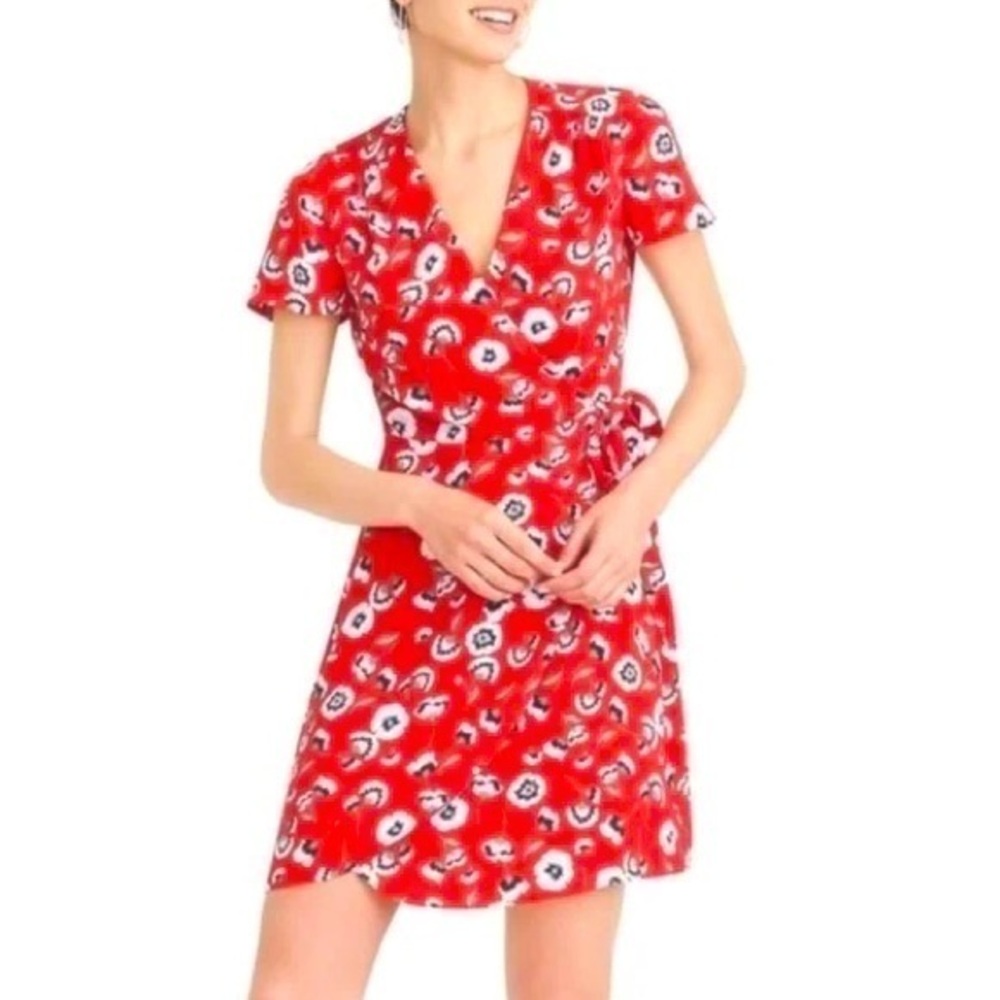 J.Crew Red Floral Printed Wrap Dress Size 00